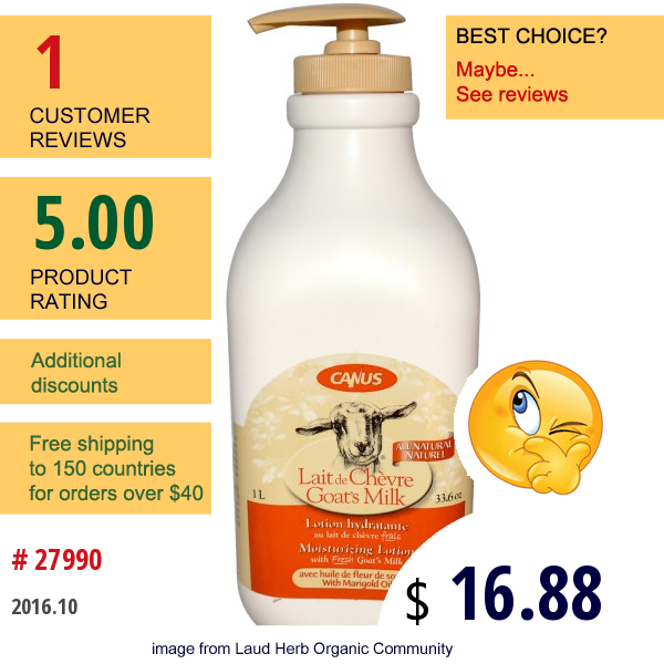 Canus, Goats Milk, Moisturizing Lotion, With Marigold Oil, 33.6 Oz (1 L)  