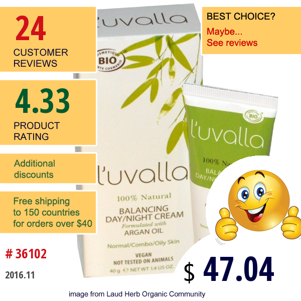Luvalla Certified Organic, Balancing Day/night Cream, 1.4 Oz (40 G)