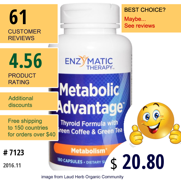 Enzymatic Therapy, Metabolic Advantage, Thyroid Formula With Green Coffee & Green Tea, Metabolism, 180 Capsules