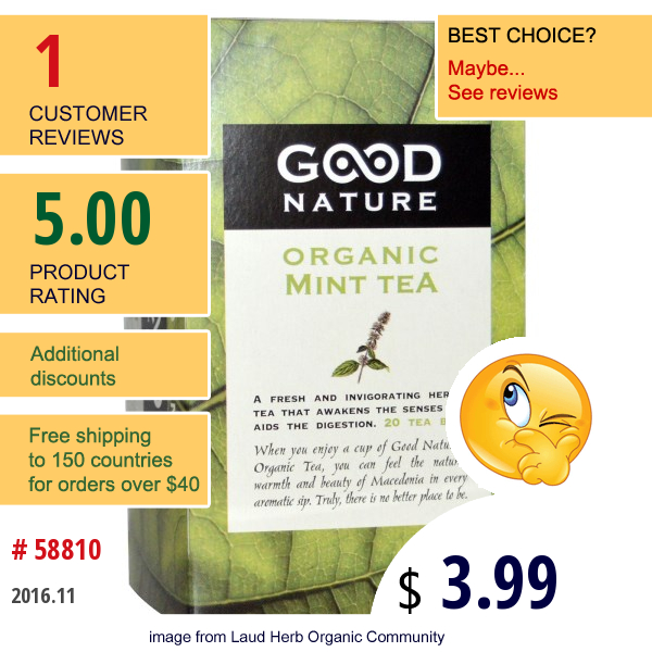 Good Nature Teas, Organic Mint Tea, 20 Tea Bags  