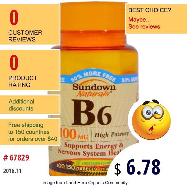Rexall Sundown Naturals, B6, High Potency, 100 Mg, 150 Tablets