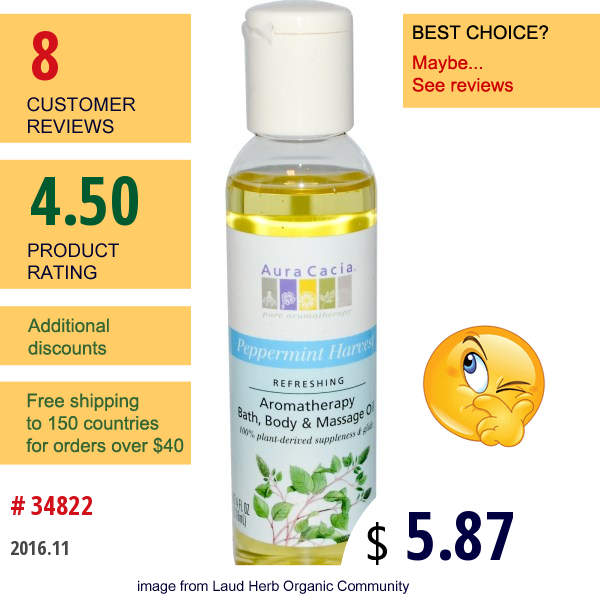 Aura Cacia, Aromatherapy Body Oil, Refreshing Peppermint, 4 Fl Oz (118 Ml)