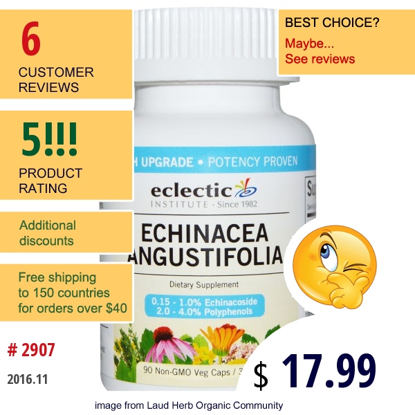 Eclectic Institute, Echinacea Angustifolia, 325 Mg, 90 Non-Gmo Veggie Caps