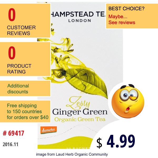Hampstead Tea, Organic , Zesty Ginger Green Tea, 1.75 Oz (50 G)