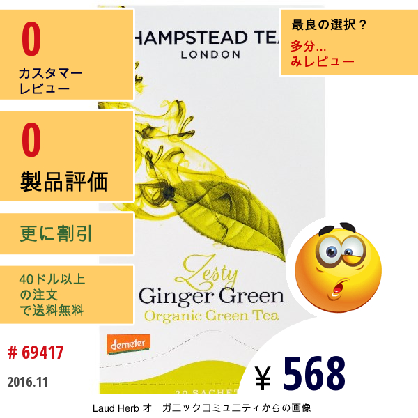 Hampstead Tea, Organic , Zesty Ginger Green Tea, 20 Sachets, 1.75 Oz (50 G)