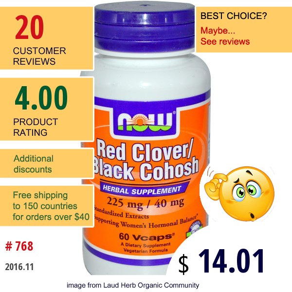 Now Foods, Red Clover/black Cohosh, 225 Mg/40 Mg, 60 Vcaps Now Foods, Red Clover/black Cohosh, 225 Mg/40 Mg, 60 Vcaps