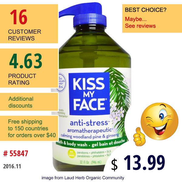Kiss My Face, Anti-Stress, Bath & Body Wash, Calming Woodland Pine & Ginseng, 32 Fl Oz (946 Ml)