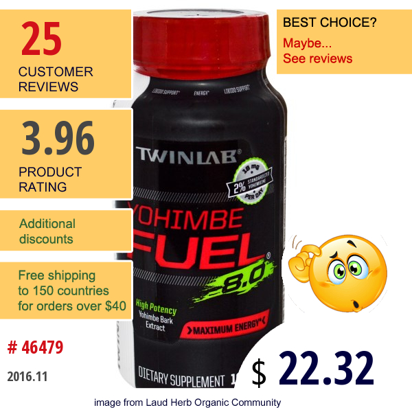 Twinlab, Yohimbe Fuel, 8.0, Maximum Energy, 100 Capsules