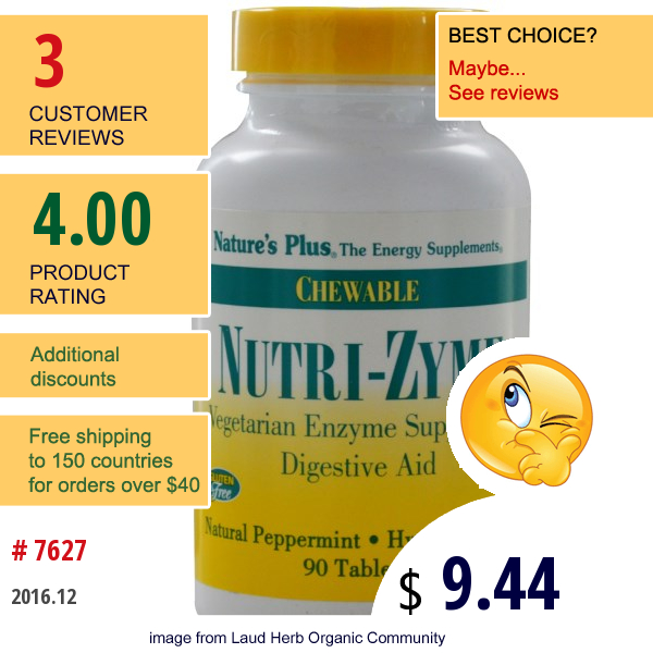 Natures Plus, Nutri-Zyme, Chewable, Natural Peppermint, 90 Tablets
