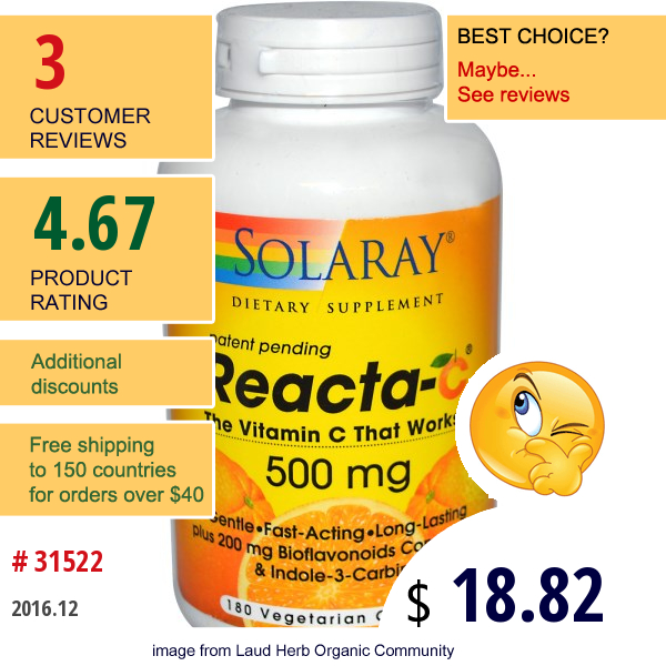 Solaray, Reacta-C, 500 Mg, 180 Veggie Caps  