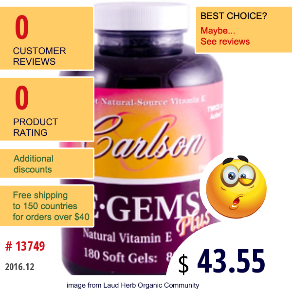 Carlson Labs, E•gems Plus, Natural Vitamin E, 800 Iu, 180 Soft Gels  