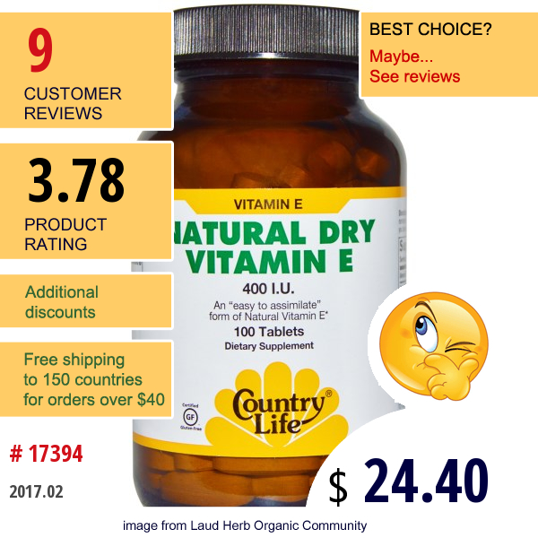 Country Life, Natural Dry Vitamin E, 400 Iu, 100 Tablets