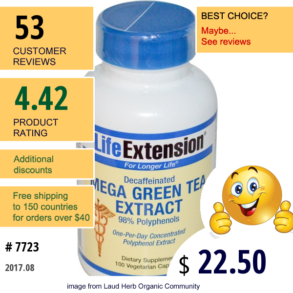 Life Extension, Mega Green Tea Extract, Decaffeinated, 100 Veggie Caps