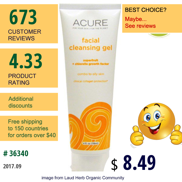 Acure Organics, Facial Cleansing Gel, Superfruit + Chlorella Growth Factor, 4 Fl Oz (118 Ml)