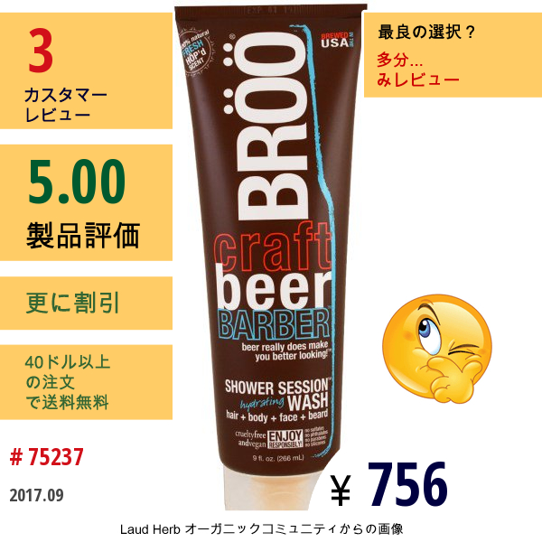 Bröö, クラフトビール・バーバー、シャワーセッションハイドレーティングウォッシュ、フレッシュな香り、 9 Fl Oz (266 Ml)