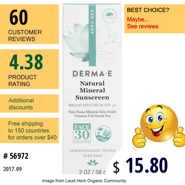 Derma E, Natural Mineral Sunscreen, Sun Care, Spf 30, 2 Oz (56 G)