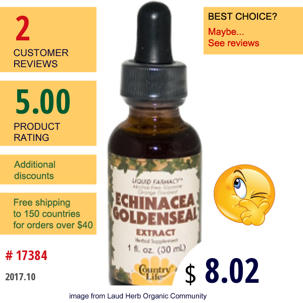 Country Life, Liquid Farmacy, Echinacea Goldenseal Extract, Acohol-Free Glycerite, Orange Flavored, 1 Fl Oz (30 Ml)  