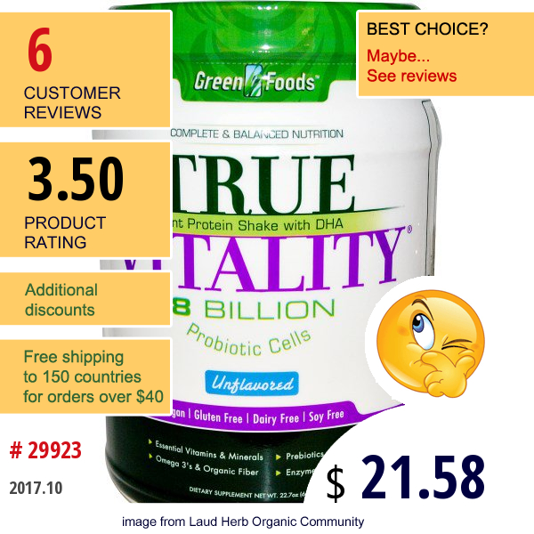 Green Foods Corporation, True Vitality, Plant Protein Shake With Dha, Unflavored, 22.7 Oz (644 G)
