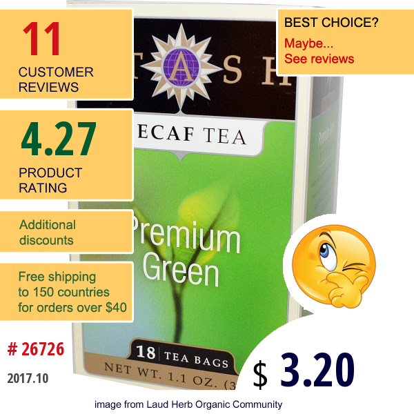 Stash Tea, Premium Green, Decaf Tea, 18 Tea Bags, 1.1 Oz (33 G)  