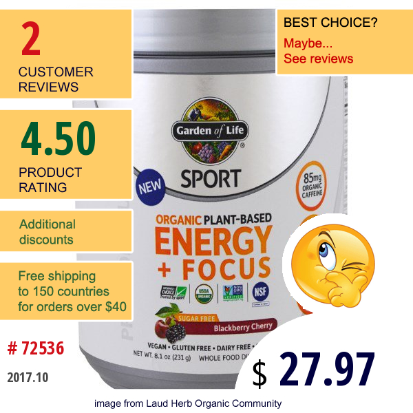 Garden Of Life, Sport, Organic Plant-Based Energy + Focus, Pre-Workout, Sugar Free, Blackberry Cherry , 8.1 Oz (231 G)