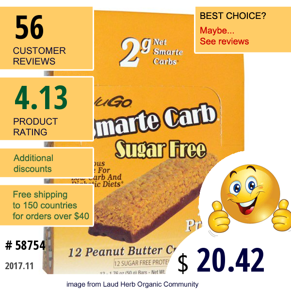Nugo Nutrition, Smarte Carb Sugar Free, Peanut Butter Crunch Bars, 12 -1.76 Oz (50 G) Bars