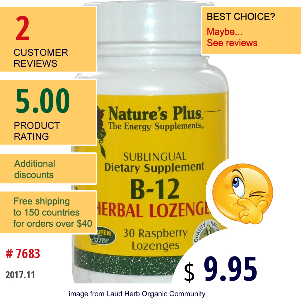 Natures Plus, B-12, Herbal Lozenges, 30 Raspberry Lozenges  