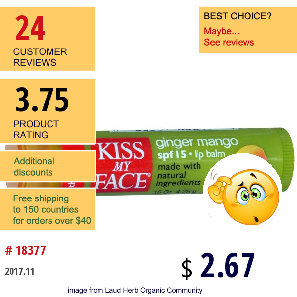 Kiss My Face, Ginger Mango Lip Balm, Spf 15, .15 Oz (4.25 G)  