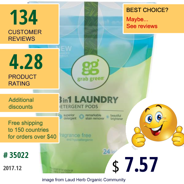 Grabgreen, 3-In-1 Laundry Detergent Pods, Fragrance Free, 24 Loads, 15.2 Oz (432 G)