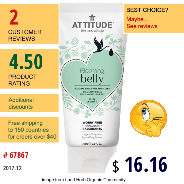Attitude, Blooming Belly, Natural Cream For Tired Legs, Mint, 2.5 Fl Oz (75 Ml)