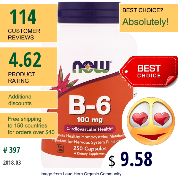 Now Foods, B-6, 100 Mg, 250 Capsules