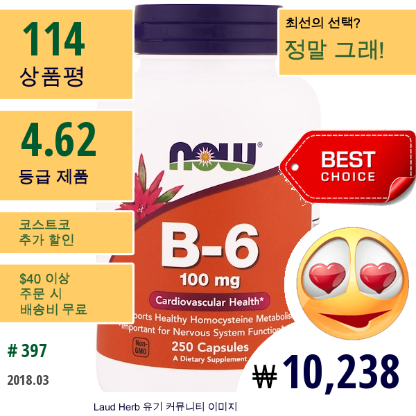 Now Foods, B-6, 100 ㎎, 250 캡슐