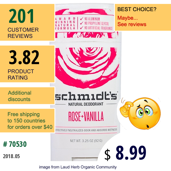 Schmidts Natural Deodorant, Rose + Vanilla, 3.25 Oz (92 G)