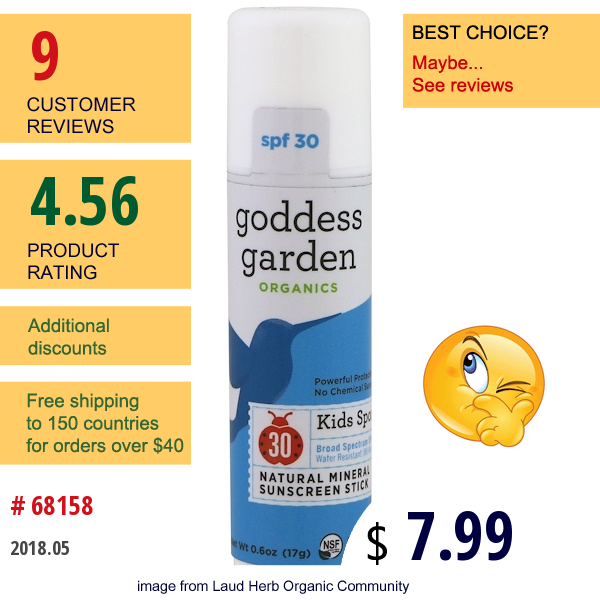 Goddess Garden, Organics, Natural Mineral Sunscreen Stick, Kids Sport, Spf 30, 0.6 Oz (17 G)