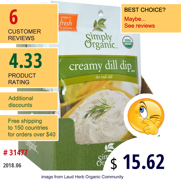 Simply Organic, Creamy Dill Dip Mix, 12 Packets, 0.70 Oz (20 G) Each  