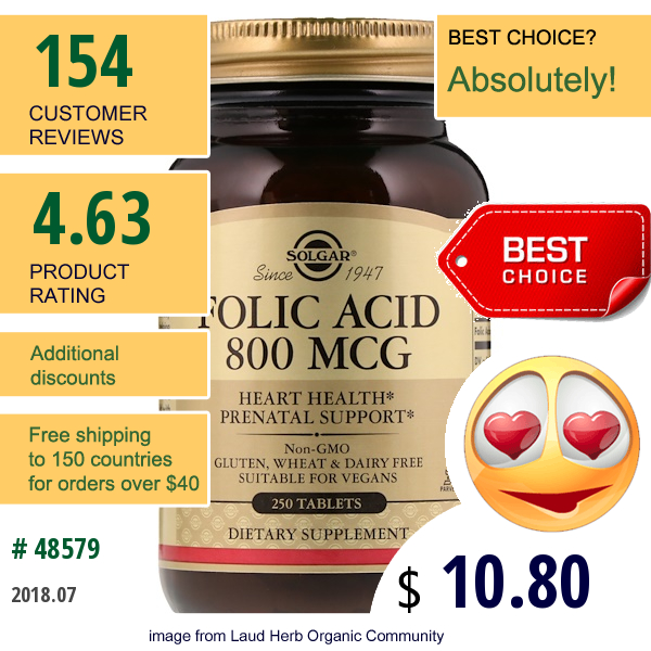 Solgar, Folic Acid, 800 Mcg, 250 Tablets