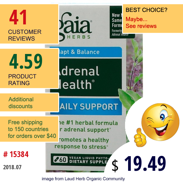 Gaia Herbs, Adrenal Health, Daily Support , 60 Vegan Liquid Phyto-Caps