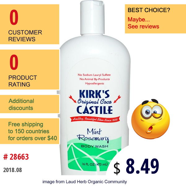 Kirks, Original Coco Castile, Body Wash, Mint Rosemary, 16 Fl Oz (473 Ml)  