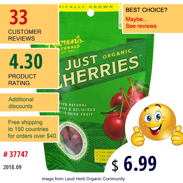 Karens Naturals, Just Organic Cherries, 2 Oz (56 G)
