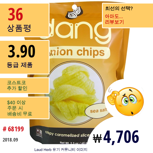 Dang Foods Llc, 어니언칩스, 씨솔트, 2.3 Oz (65 G)  