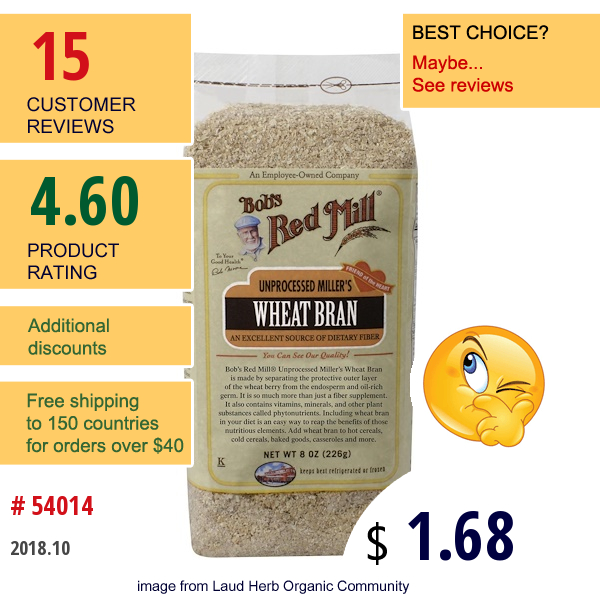 Bobs Red Mill, Unprocessed Millers Wheat Bran, 8 Oz (226 G)  