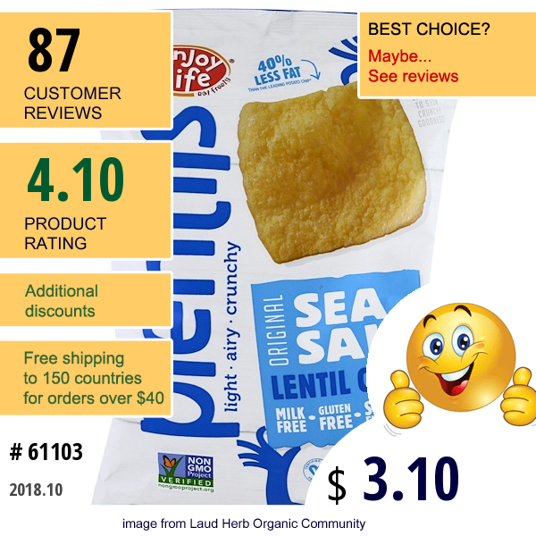 Enjoy Life Foods, Plentils, Sea Salt Lentil Chips, Original, 4 Oz (113 G)