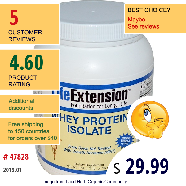 Life Extension, Whey Protein Isolate, Natural Vanilla Flavor, 16 Oz (454 G) Life Extension, Whey Protein Isolate, Natural Vanilla Flavor, 16 Oz (454 G)