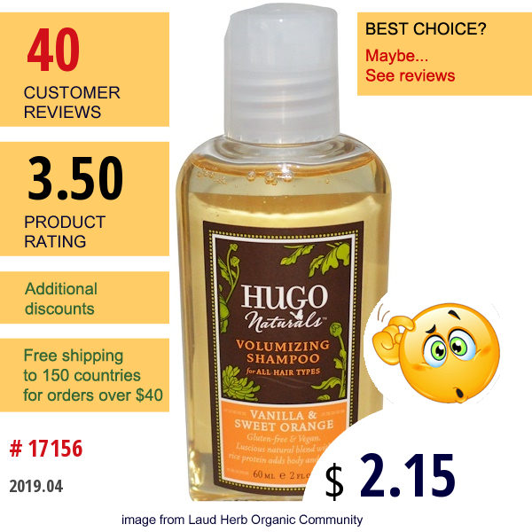 Hugo Naturals, Volumizing Shampoo, Vanilla & Sweet Orange, 2 Fl Oz (60 Ml)  