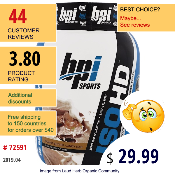 Bpi Sports, Iso Hd, 100% Whey Protein Isolate & Hydrolysate, Peanut Butter Candy Bar, 1.8 Lbs (816 G)  