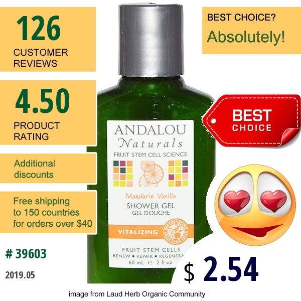 Andalou Naturals, Shower Gel, Mandarin Vanilla, 2 Fl Oz (60 Ml)  