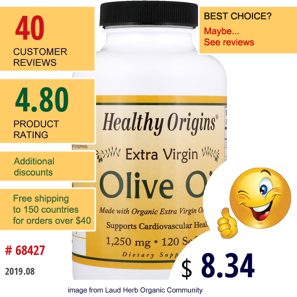 Healthy Origins, Extra Virgin Olive Oil, 1,250 Mg, 120 Softgels