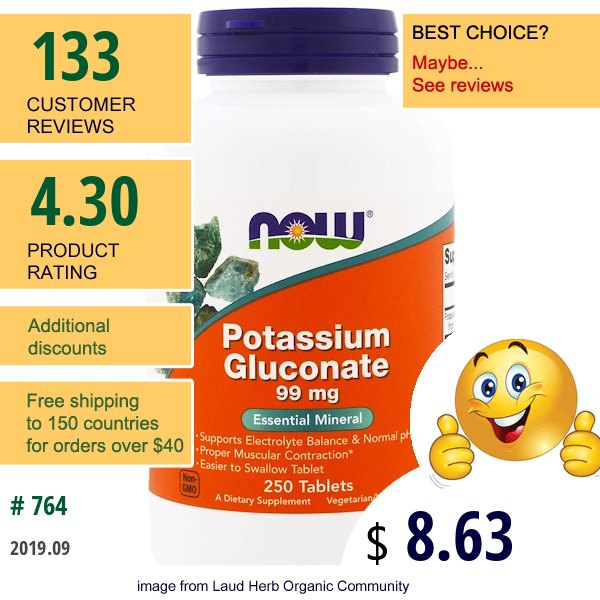 Now Foods, Potassium Gluconate, 99 Mg, 250 Tablets