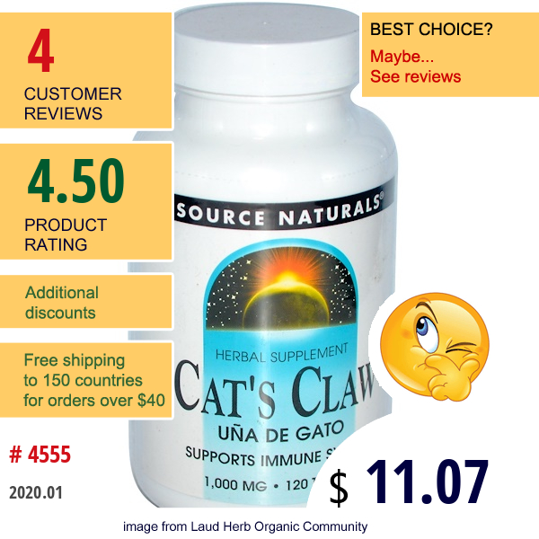 Source Naturals, Cat'S Claw, 1,000 Mg, 120 Tablets  